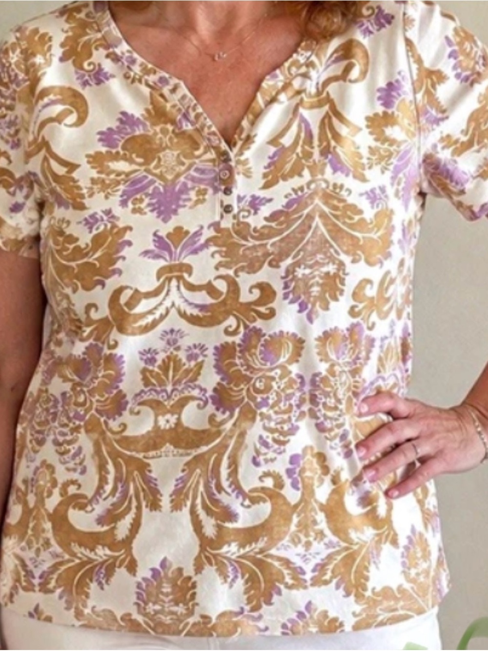 Karen Scott Cream Short-Sleeve Henley Tee with Tan and Lavender Damask Print